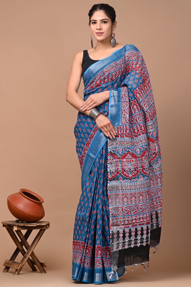 Hand block print linen Saree with Blouse