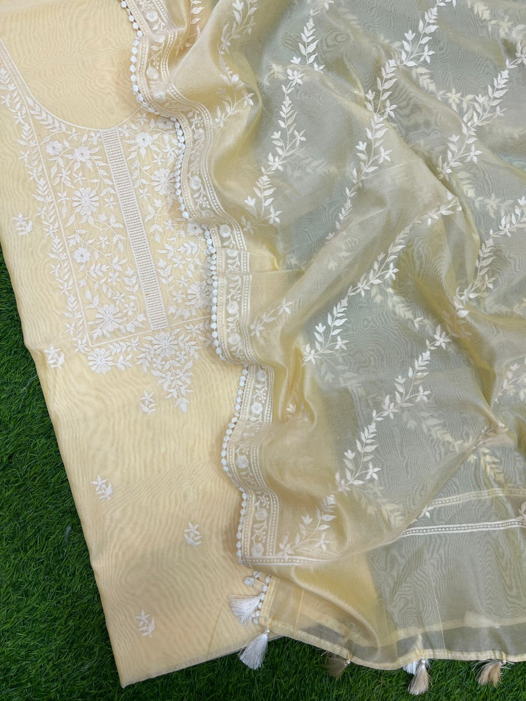 Beautiful pure banarasi chanderi unstitched suit with neck embroidery and Chanderi silk dupatta