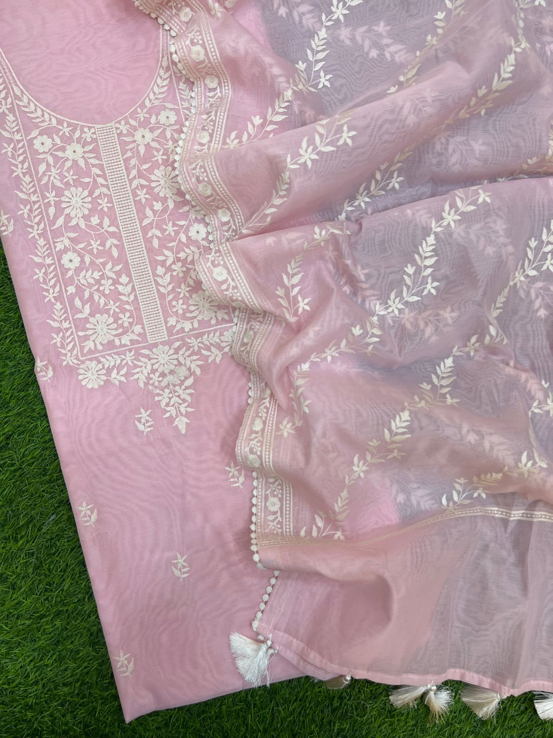 Beautiful pure banarasi chanderi unstitched suit with neck embroidery and Chanderi silk dupatta