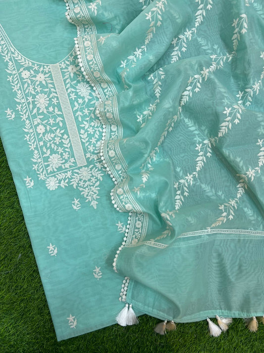 Beautiful pure banarasi chanderi unstitched suit with neck embroidery and Chanderi silk dupatta