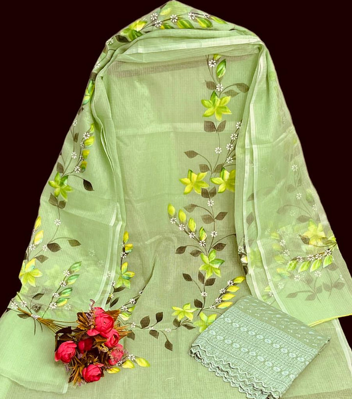 Pure Kota Doria Hand painted Work Unstitched Suits With Chikankari Bottom .