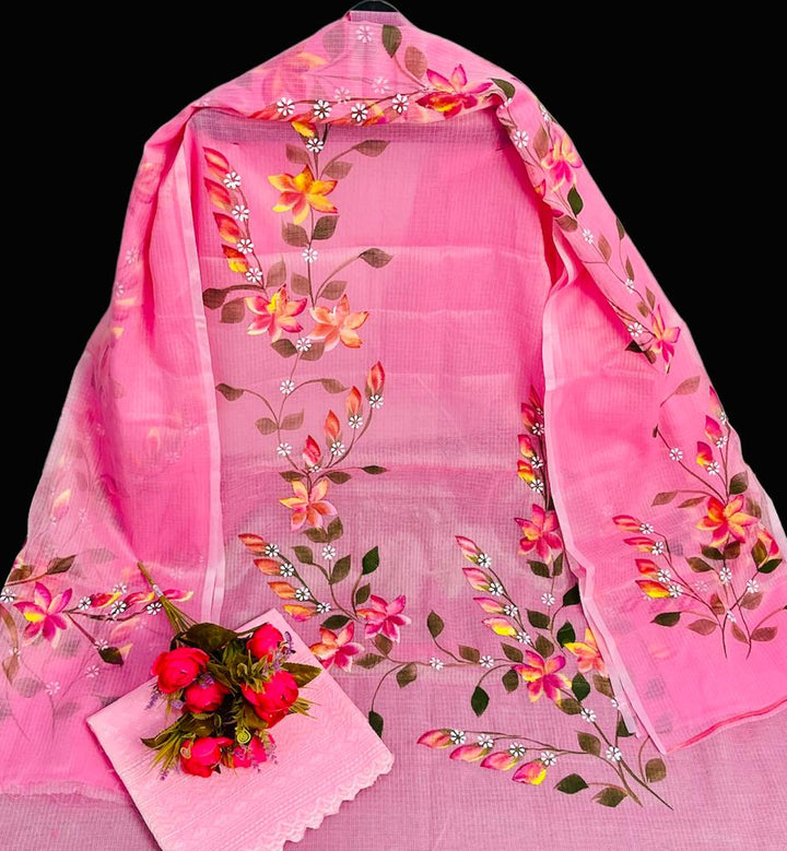 Pure Kota Doria Hand painted Work Unstitched Suits With Chikankari Bottom .