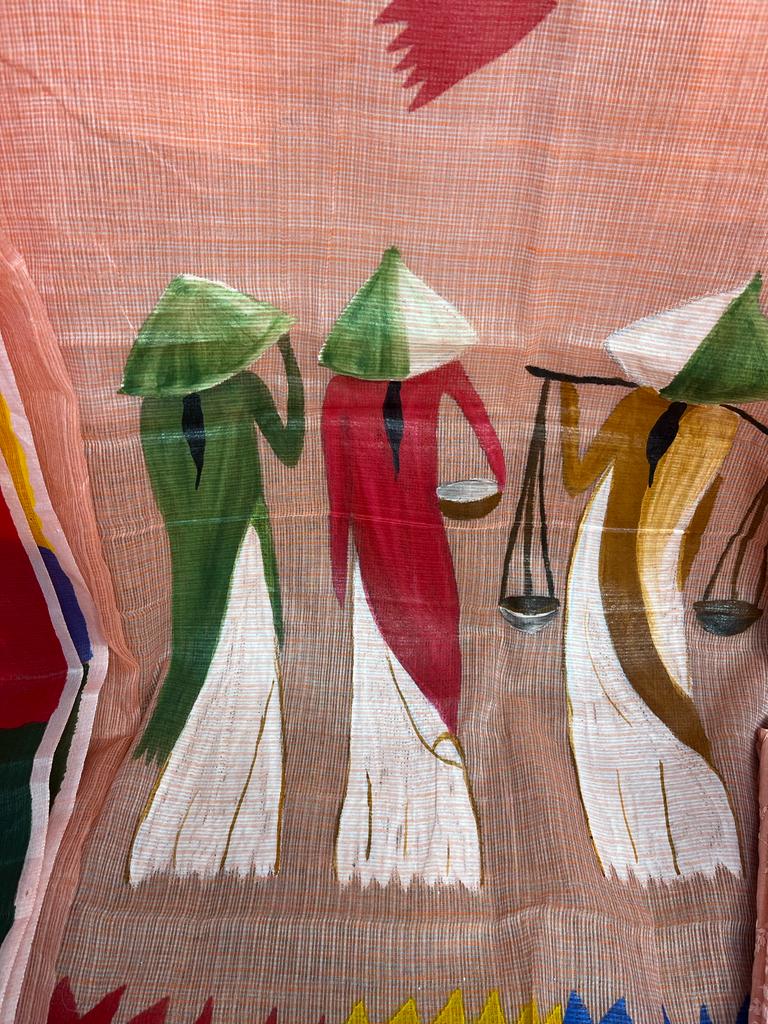 Pure Kota Doria Hand painted Work Unstitched Suits With Chikankari Bottom .