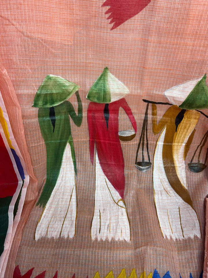 Pure Kota Doria Hand painted Work Unstitched Suits With Chikankari Bottom .