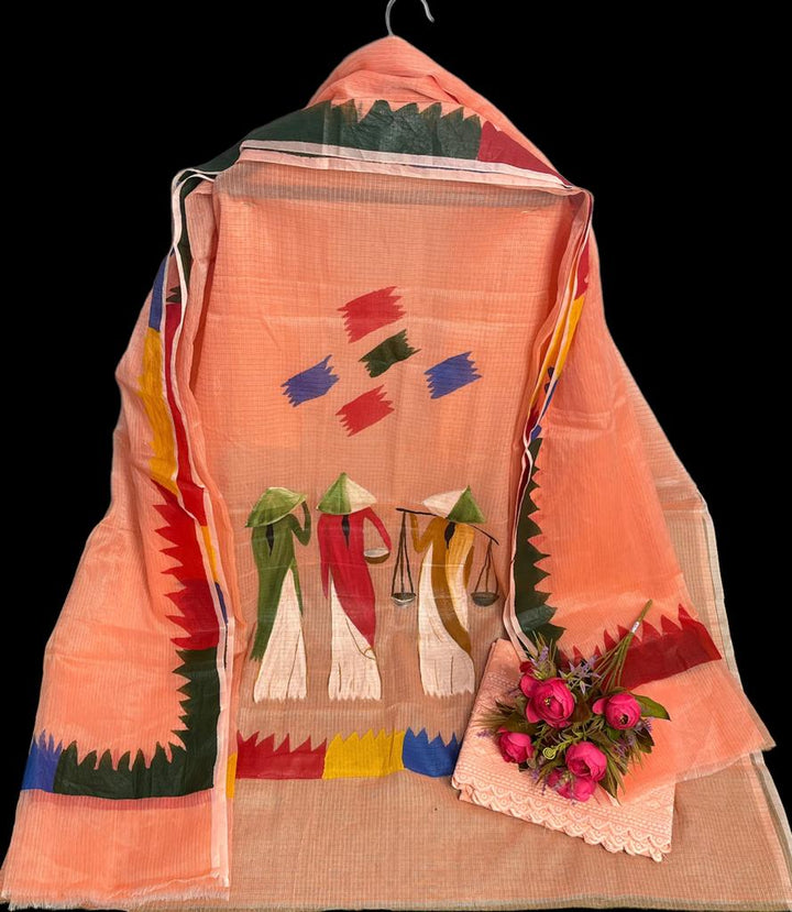 Pure Kota Doria Hand painted Work Unstitched Suits With Chikankari Bottom .