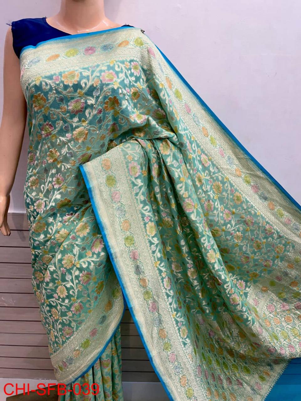 Pure Banarasi Handwoven Khaddi Georgette Silk Saree With Hand Brush Work ( length- 6.3 meter )