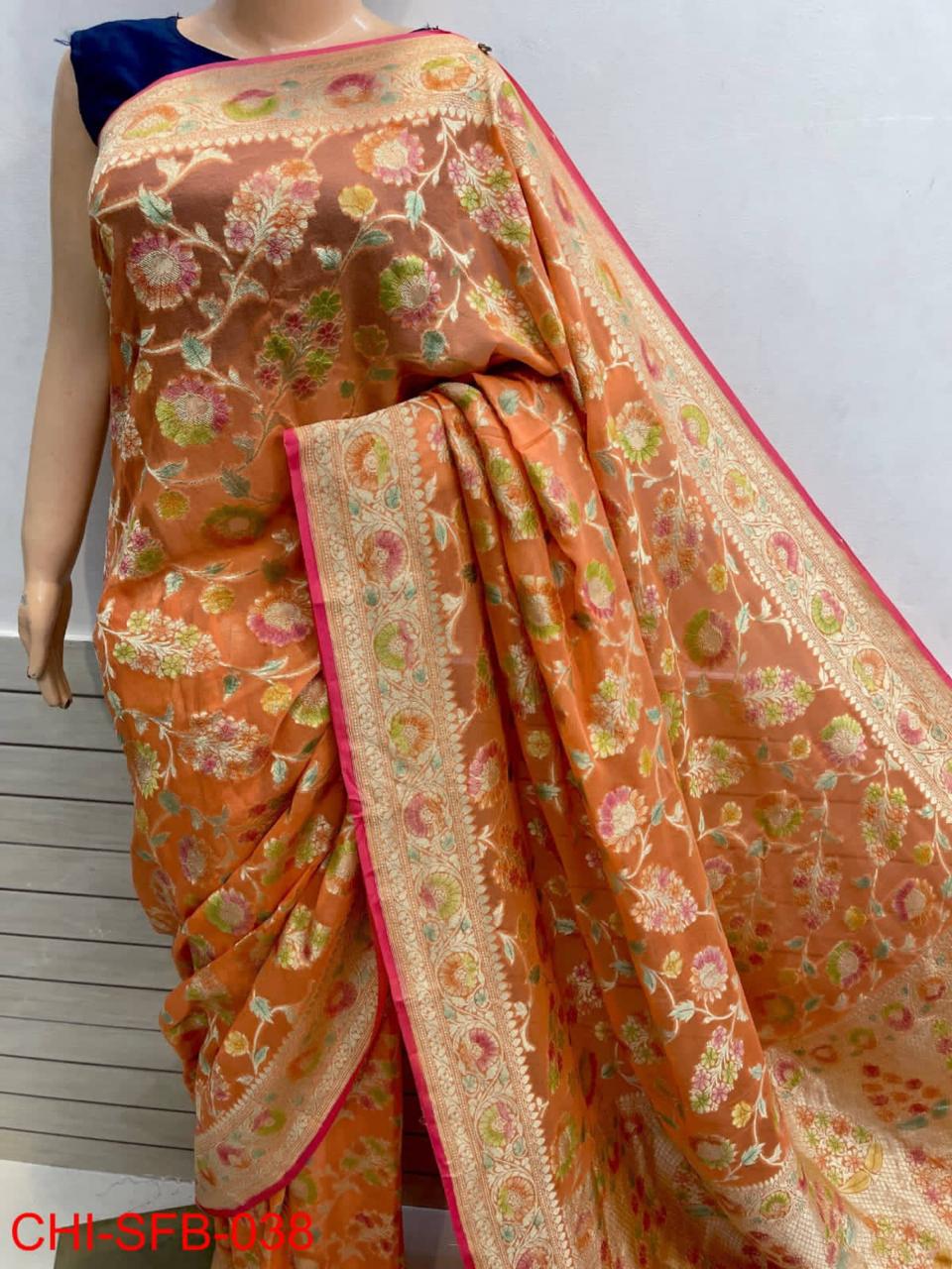 Pure Banarasi Handwoven Khaddi Georgette Silk Saree With Hand Brush Work ( length- 6.3 meter )