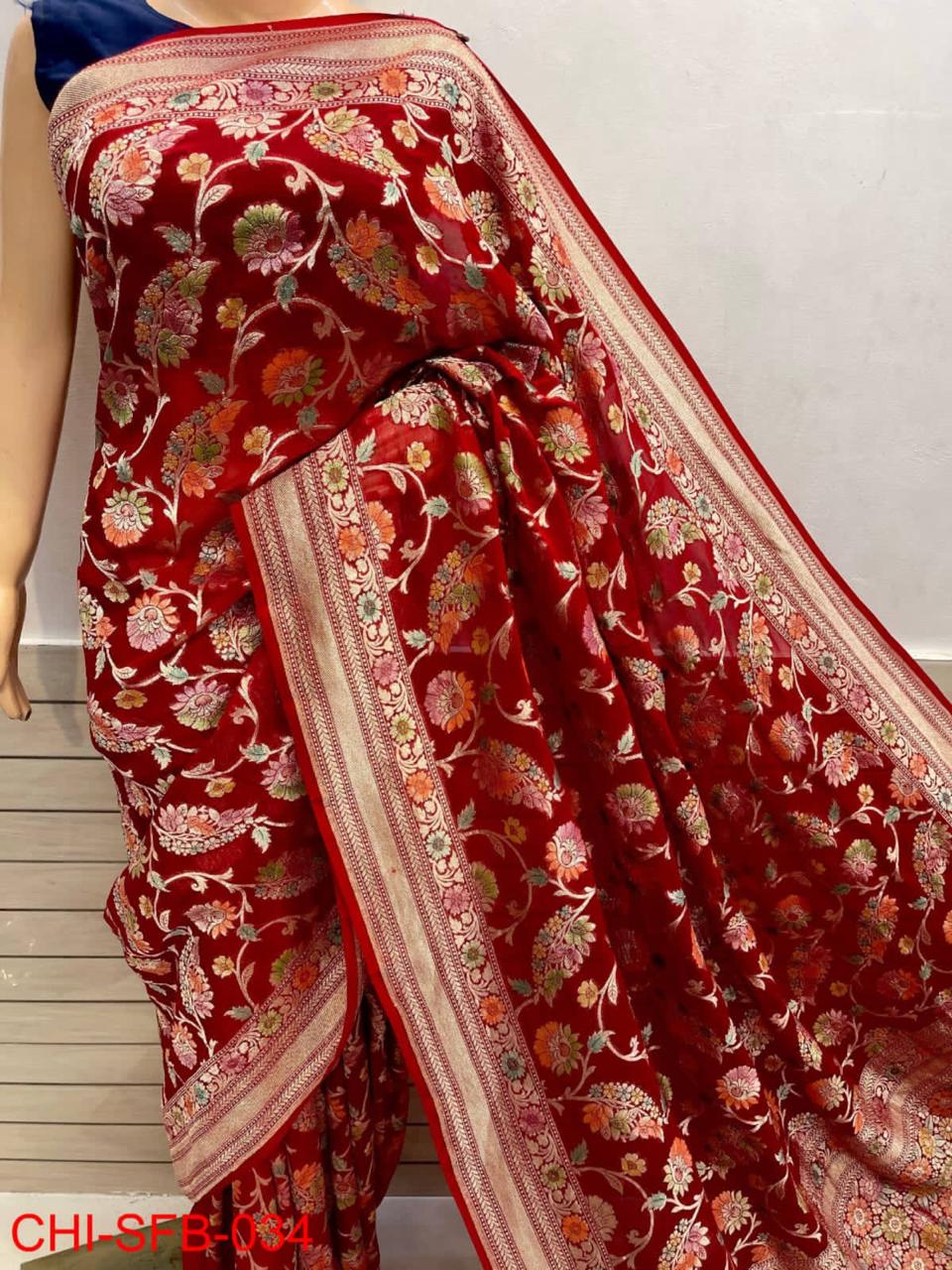 Pure Banarasi Handwoven Khaddi Georgette Silk Saree With Hand Brush Work ( length- 6.3 meter )