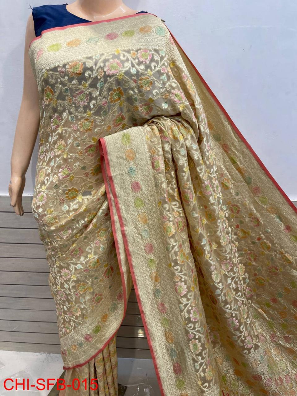 Pure Banarasi Handwoven Khaddi Georgette Silk Saree With Hand Brush Work ( length- 6.3 meter )