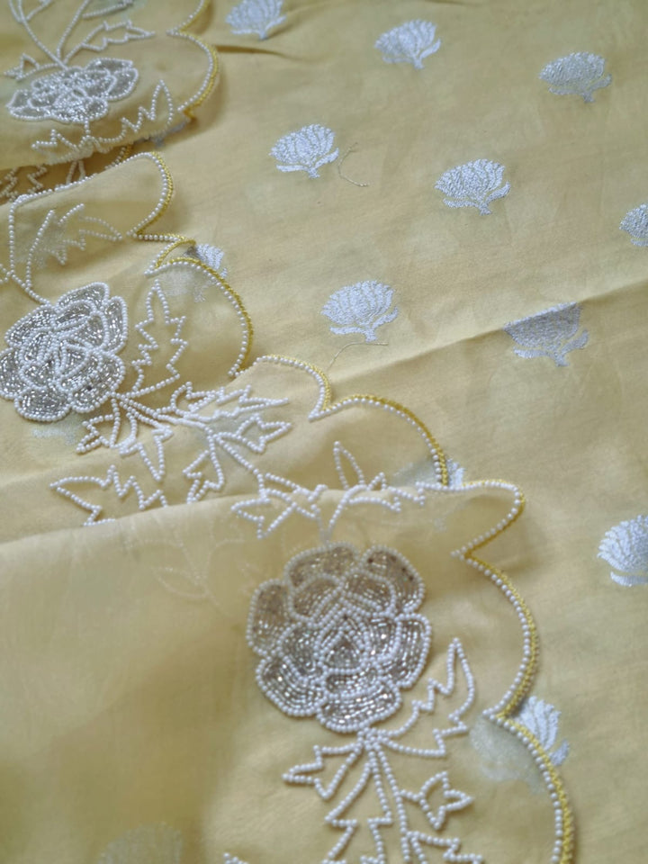 Pure Banarasi Chanderi Silk Unstitched Suit With Organza Silk Hand Embroidery Cutdana Work Dupatta..