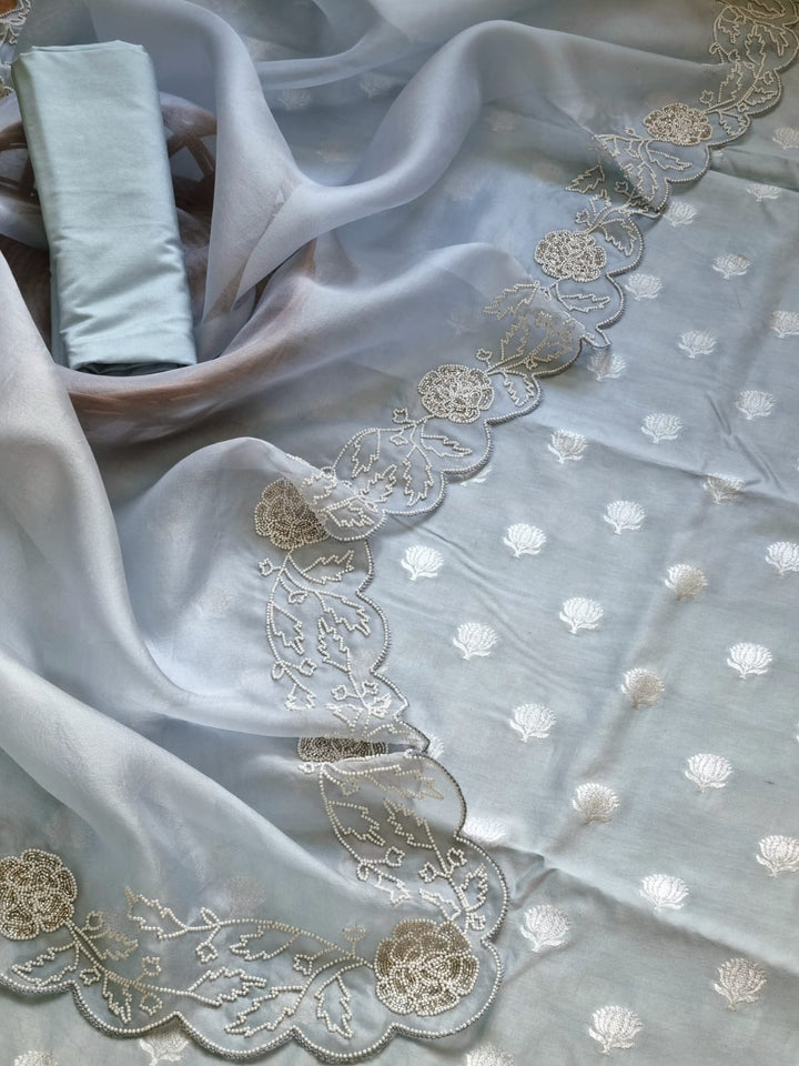 Pure Banarasi Chanderi Silk Unstitched Suit With Organza Silk Hand Embroidery Cutdana Work Dupatta..