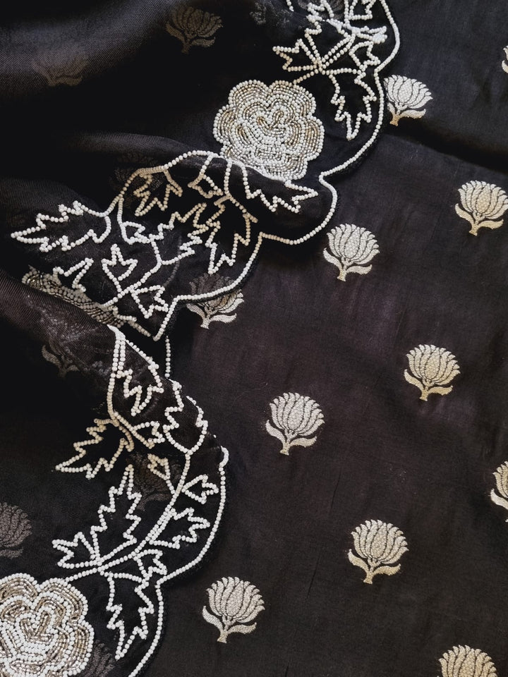 Pure Banarasi Chanderi Silk Unstitched Suit With Organza Silk Hand Embroidery Cutdana Work Dupatta..