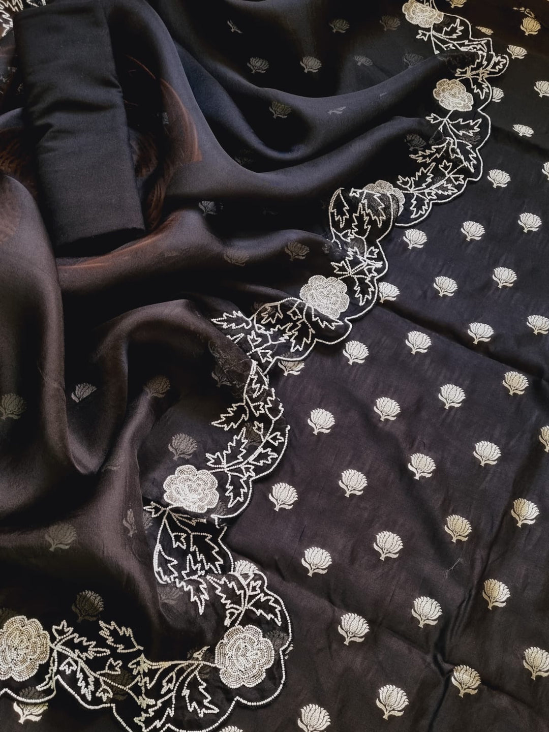 Pure Banarasi Chanderi Silk Unstitched Suit With Organza Silk Hand Embroidery Cutdana Work Dupatta..