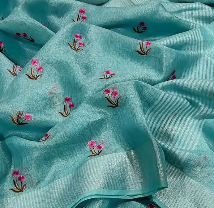 Pure Tissue Linen Silk Saree with Embroidery Work.( length- 6.3 meter )