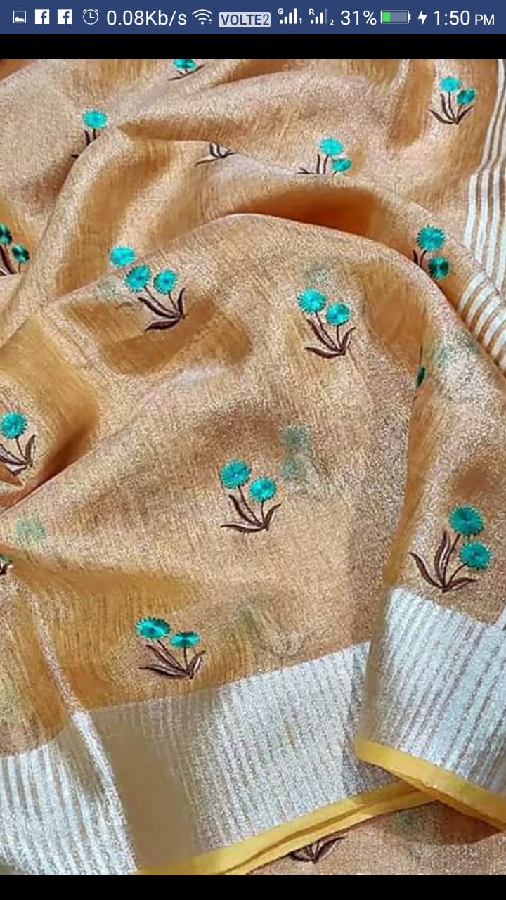 Pure Tissue Linen Silk Saree with Embroidery Work.( length- 6.3 meter )