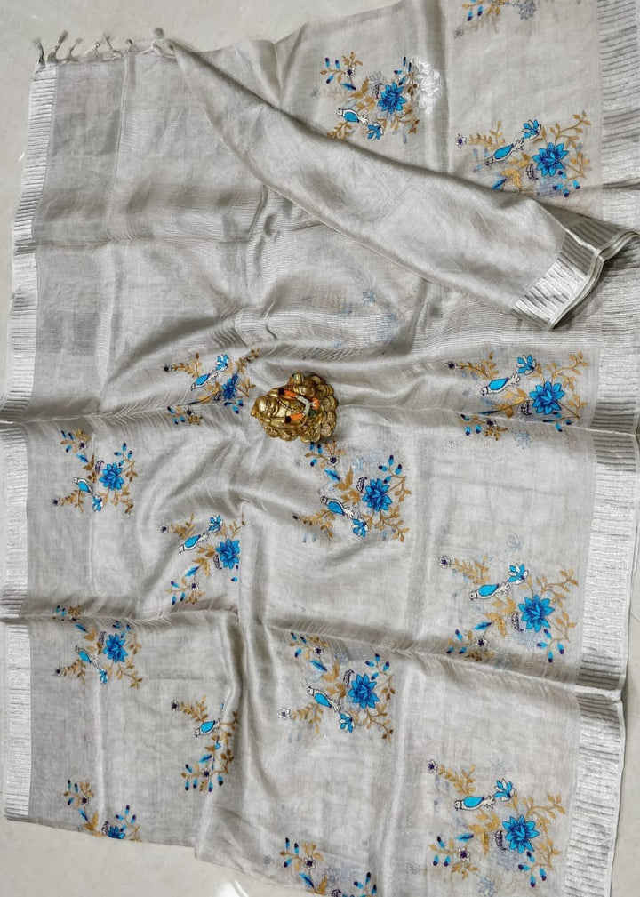 Pure Tissue Linen Silk Saree with Embroidery Work.( length- 6.3 meter )