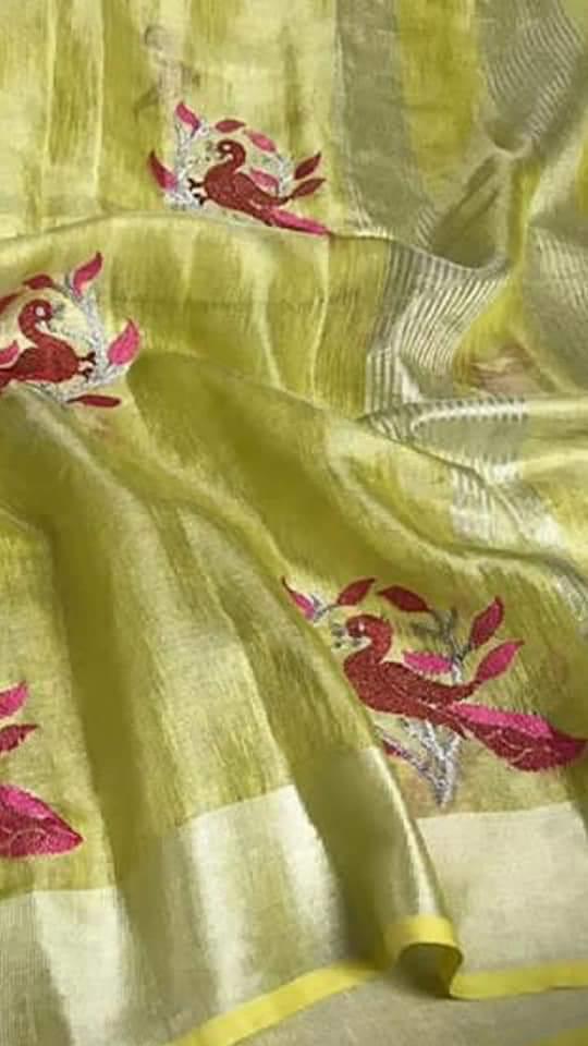 Pure Tissue Linen Silk Saree with Embroidery Work.( length- 6.3 meter )