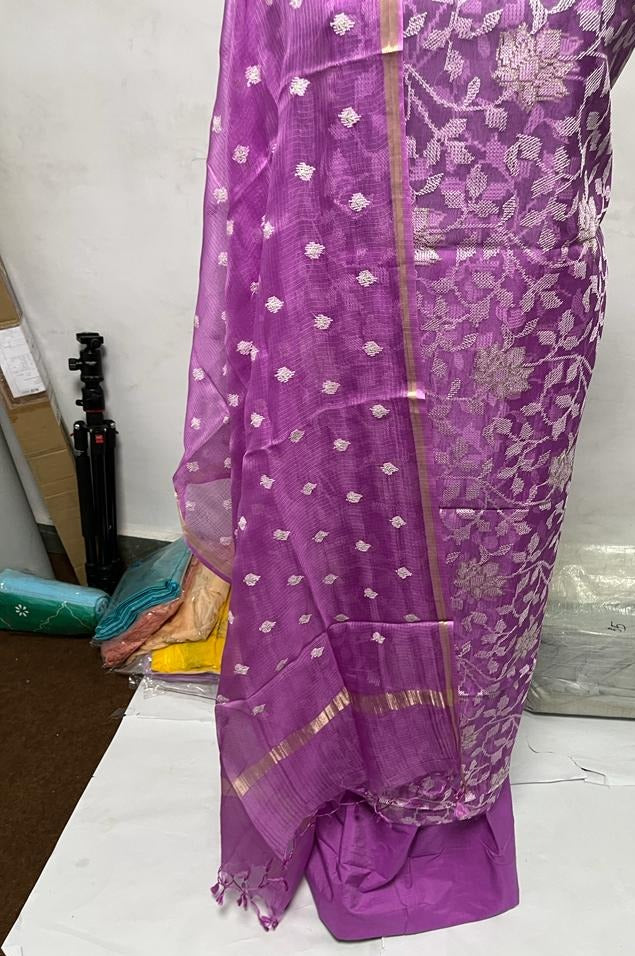 Banarasi Pure Organza Silk Embroidery Unstitched Suit With Katan Kota Doriya Dupatta.