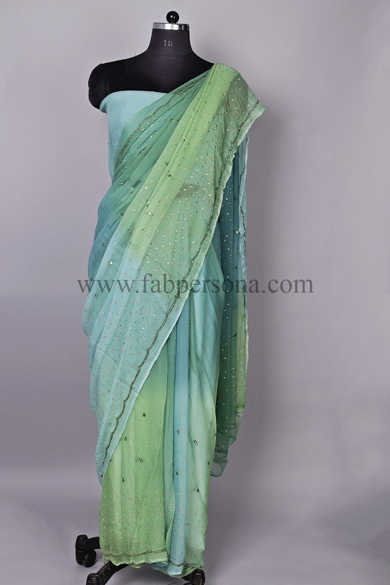 Pure Chiffon Mirror Chandla Hand Work Saree With Running Blouse.