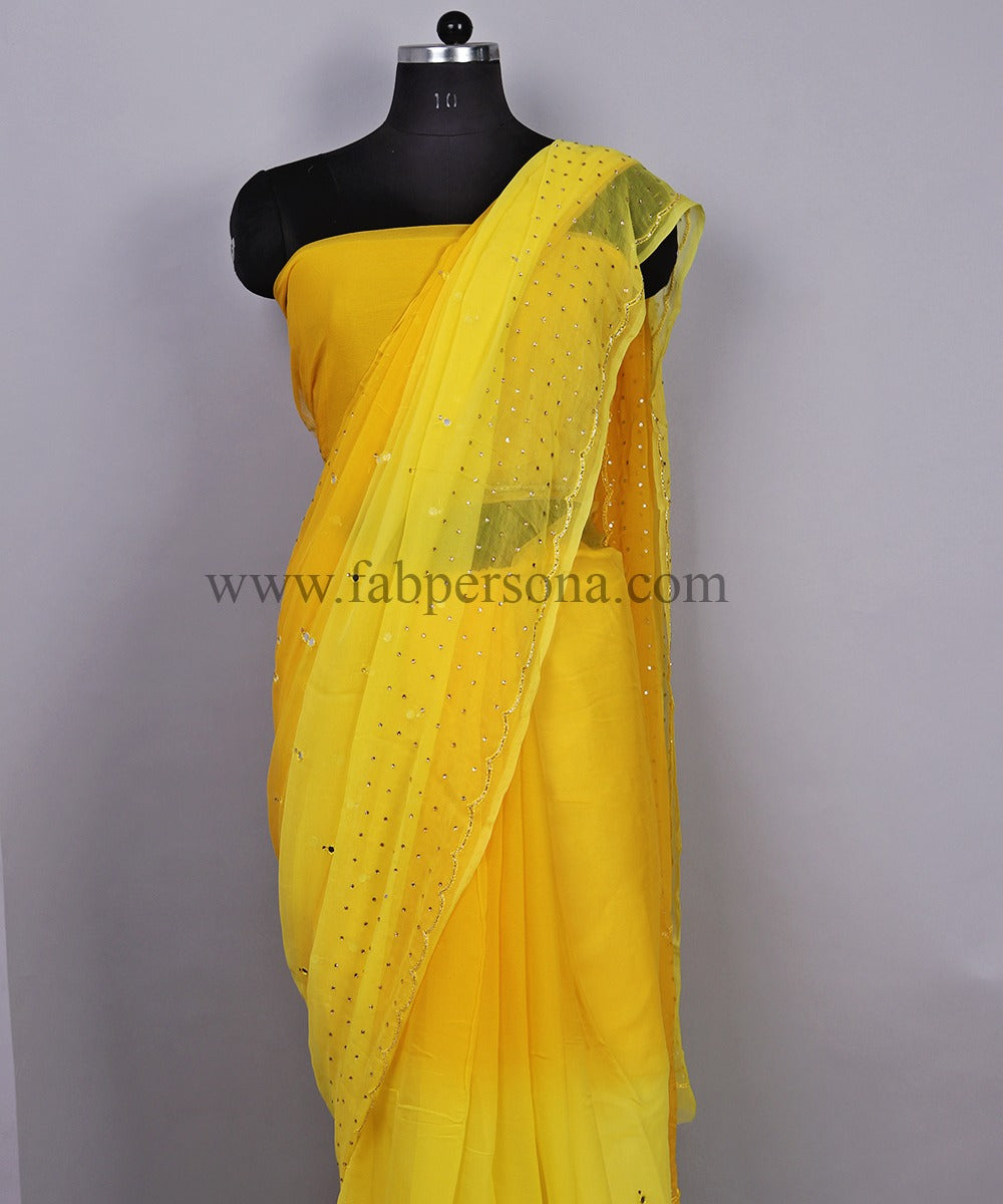 Pure Chiffon Mirror Chandla Hand Work Saree With Running Blouse.