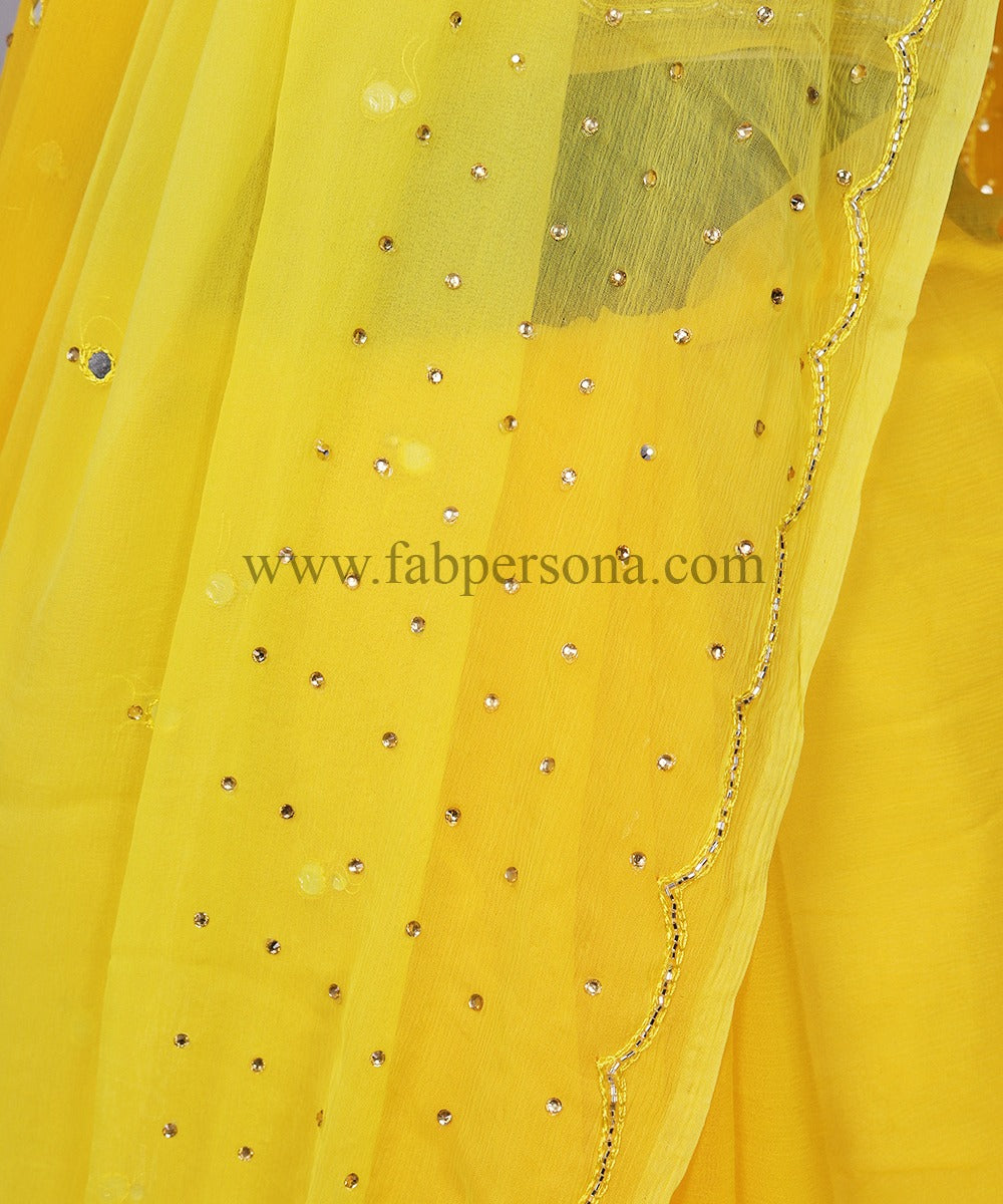 Pure Chiffon Mirror Chandla Hand Work Saree With Running Blouse.