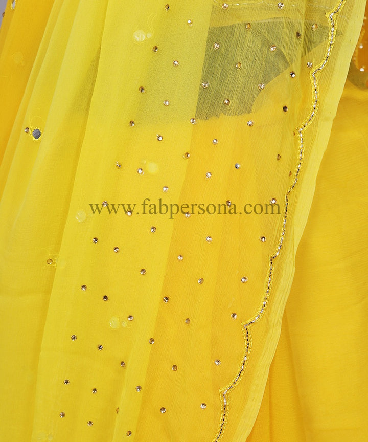 Pure Chiffon Mirror Chandla Hand Work Saree With Running Blouse.