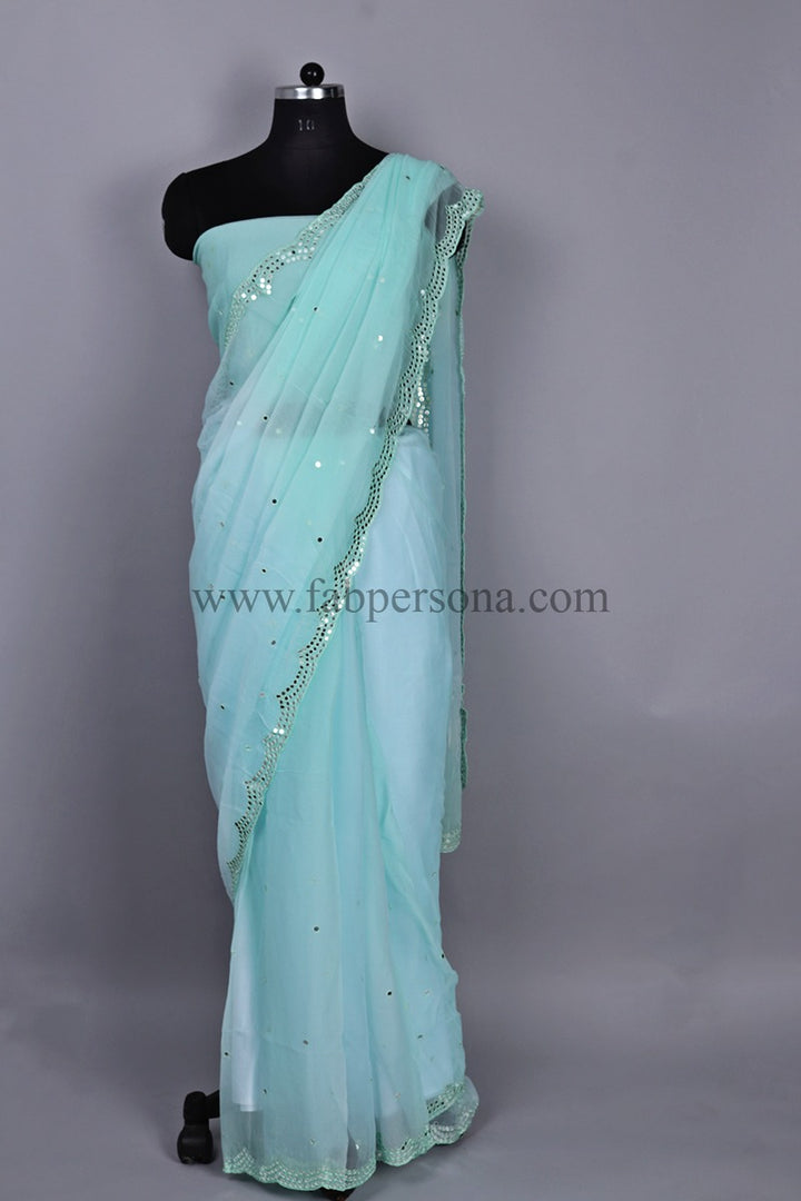 Pure Chiffon Pachrangi Color With Patra Hand Work With Cut Work Border Saree With Running Blouse