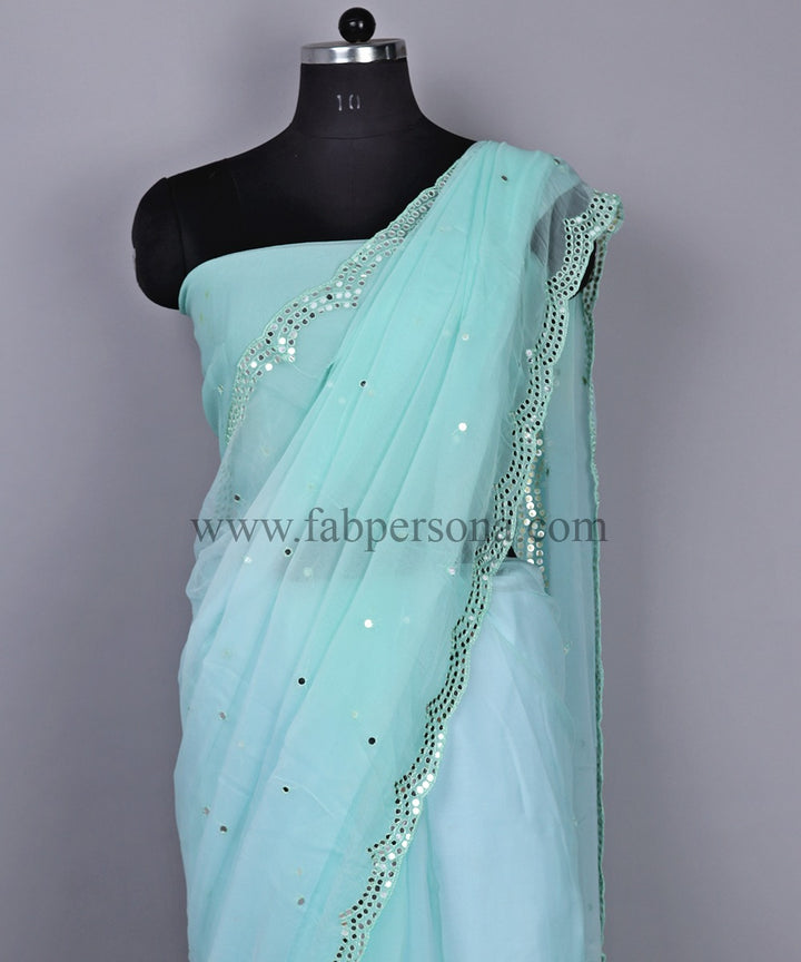 Pure Chiffon Pachrangi Color With Patra Hand Work With Cut Work Border Saree With Running Blouse