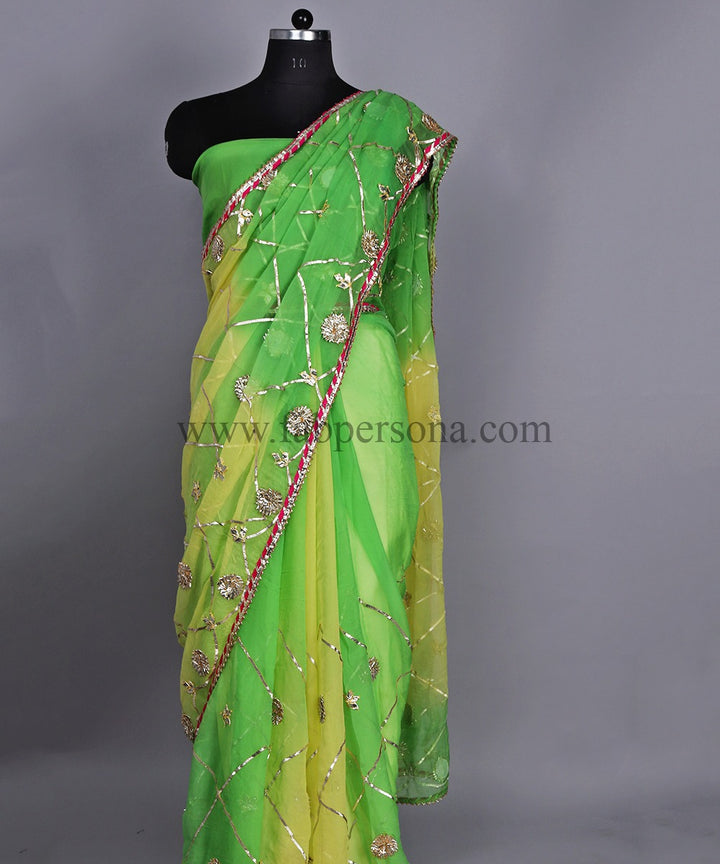 Pure Dimond Chiffon Saree With Gota Patti Jaal Work  With Running Blouse