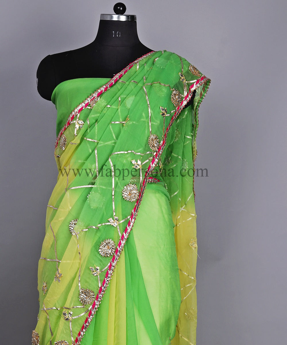 Pure Dimond Chiffon Saree With Gota Patti Jaal Work  With Running Blouse