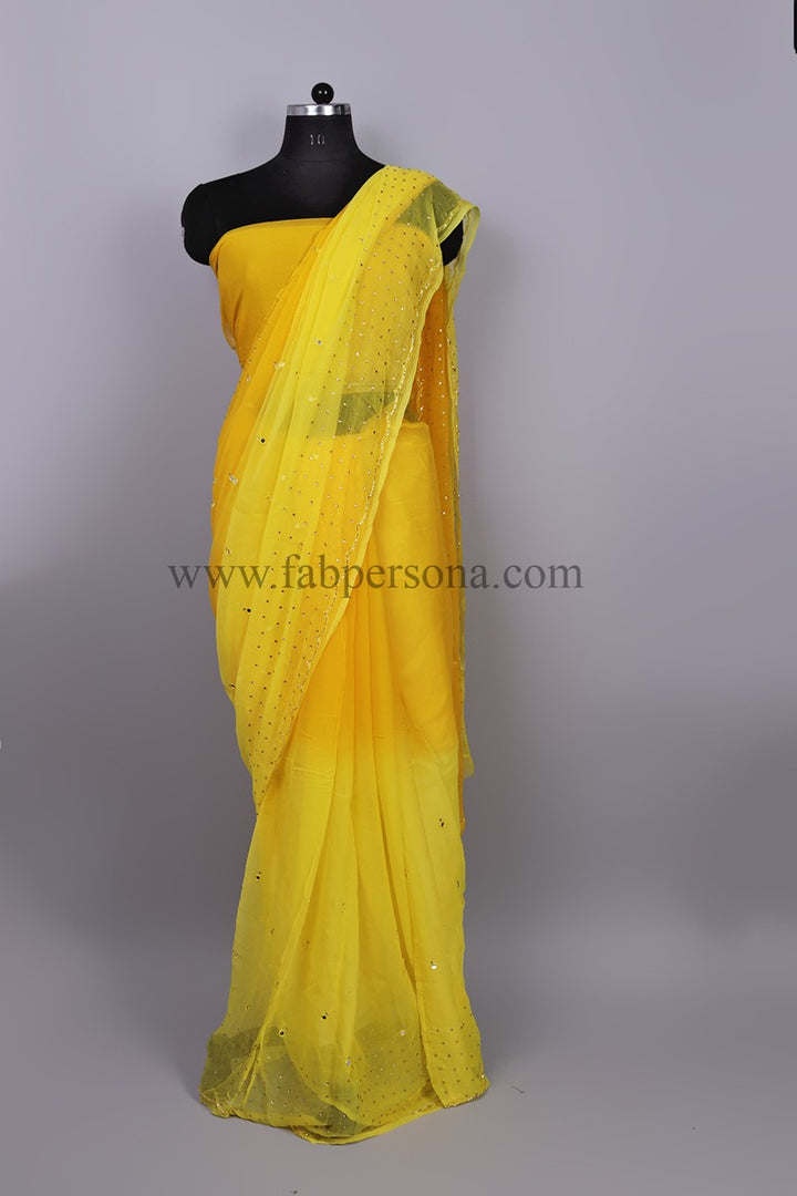 Pure Chiffon Mirror Chandla Hand Work Saree With Running Blouse.