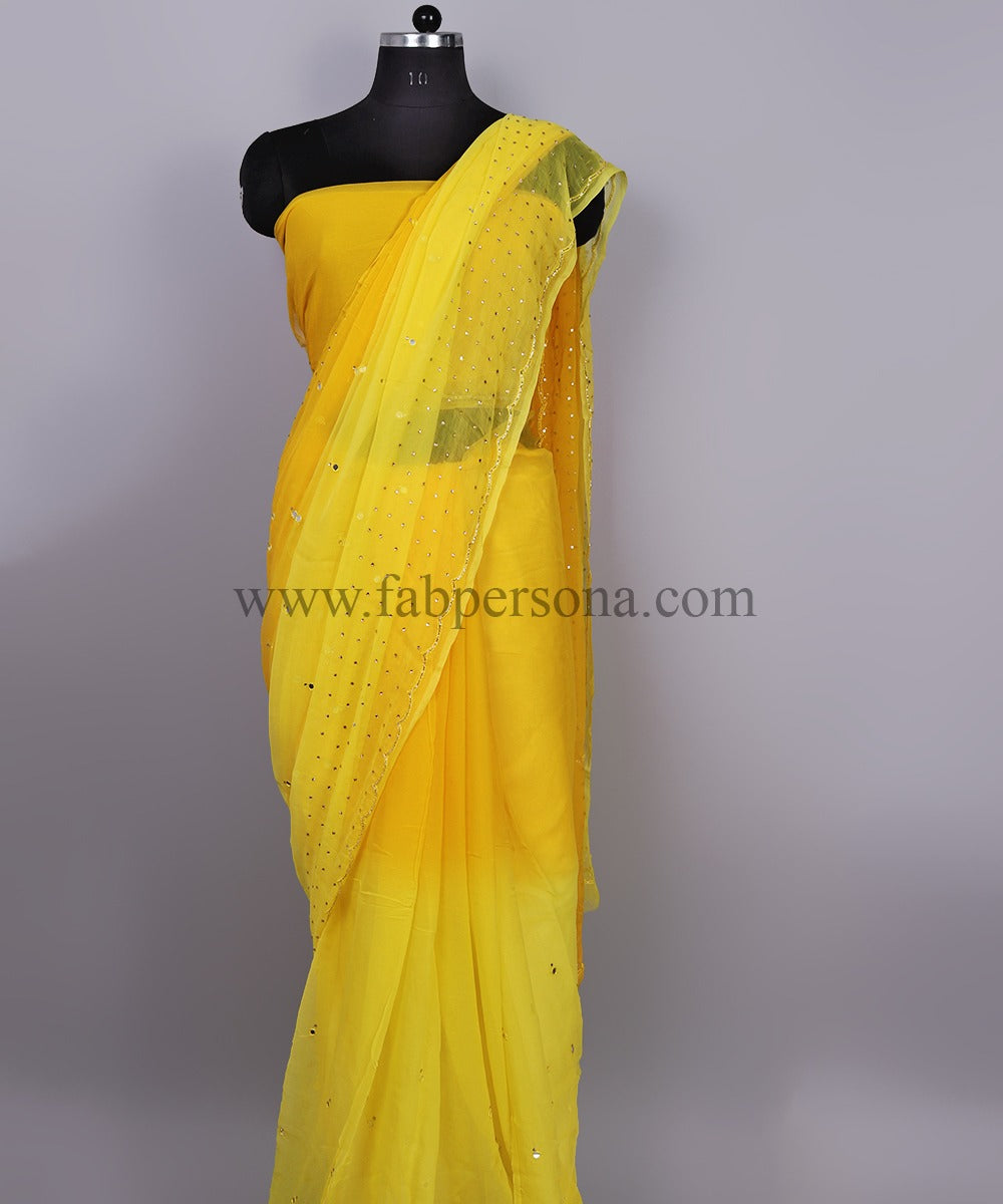 Pure Chiffon Mirror Chandla Hand Work Saree With Running Blouse.