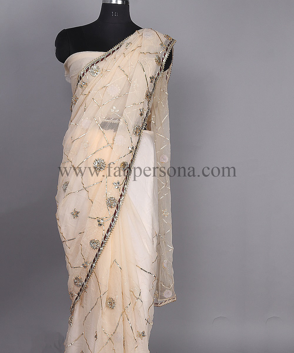 Pure Dimond Chiffon Saree With Gota Patti Jaal Work  With Running Blouse