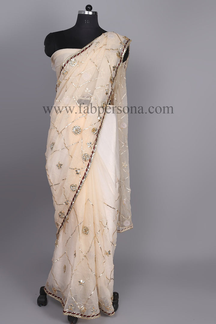 Pure Dimond Chiffon Saree With Gota Patti Jaal Work  With Running Blouse