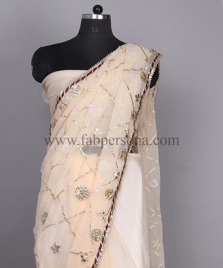 Pure Dimond Chiffon Saree With Gota Patti Jaal Work  With Running Blouse