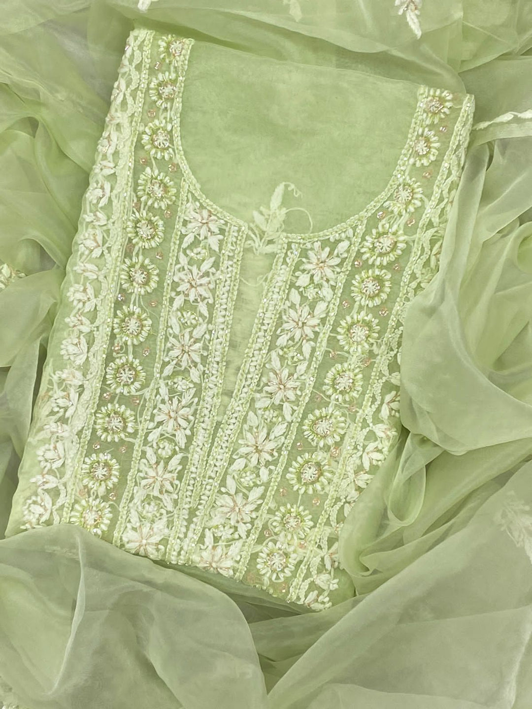 Pure Organza Chikankari Hand Embroidery With Pearl Cutdana Work Unstitched Suit With Dupatta.