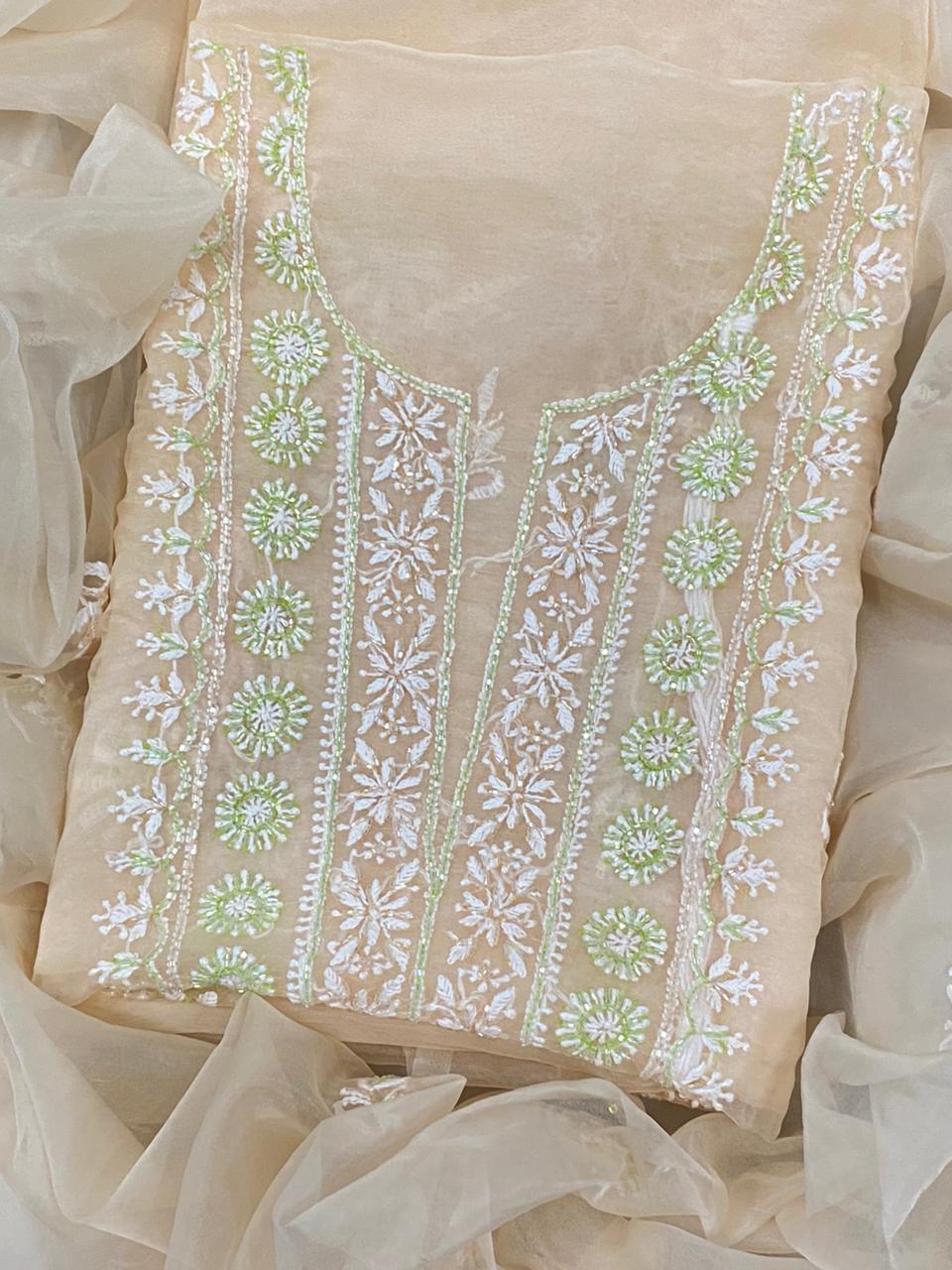 Pure Organza Chikankari Hand Embroidery With Pearl Cutdana Work Unstitched Suit With Dupatta.