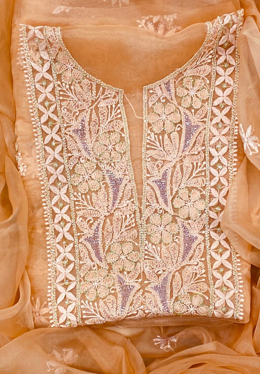 Pure Organza Chikankari Hand Embroidery With Pearl Cutdana Work Unstitched Suit With Dupatta.