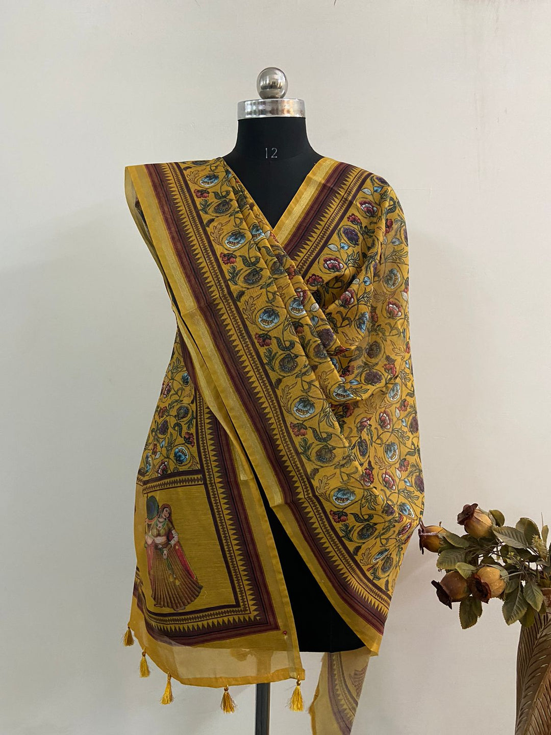 Mustard Color Pure Banarasi Pichwai Work Dupatta with beautiful tassels