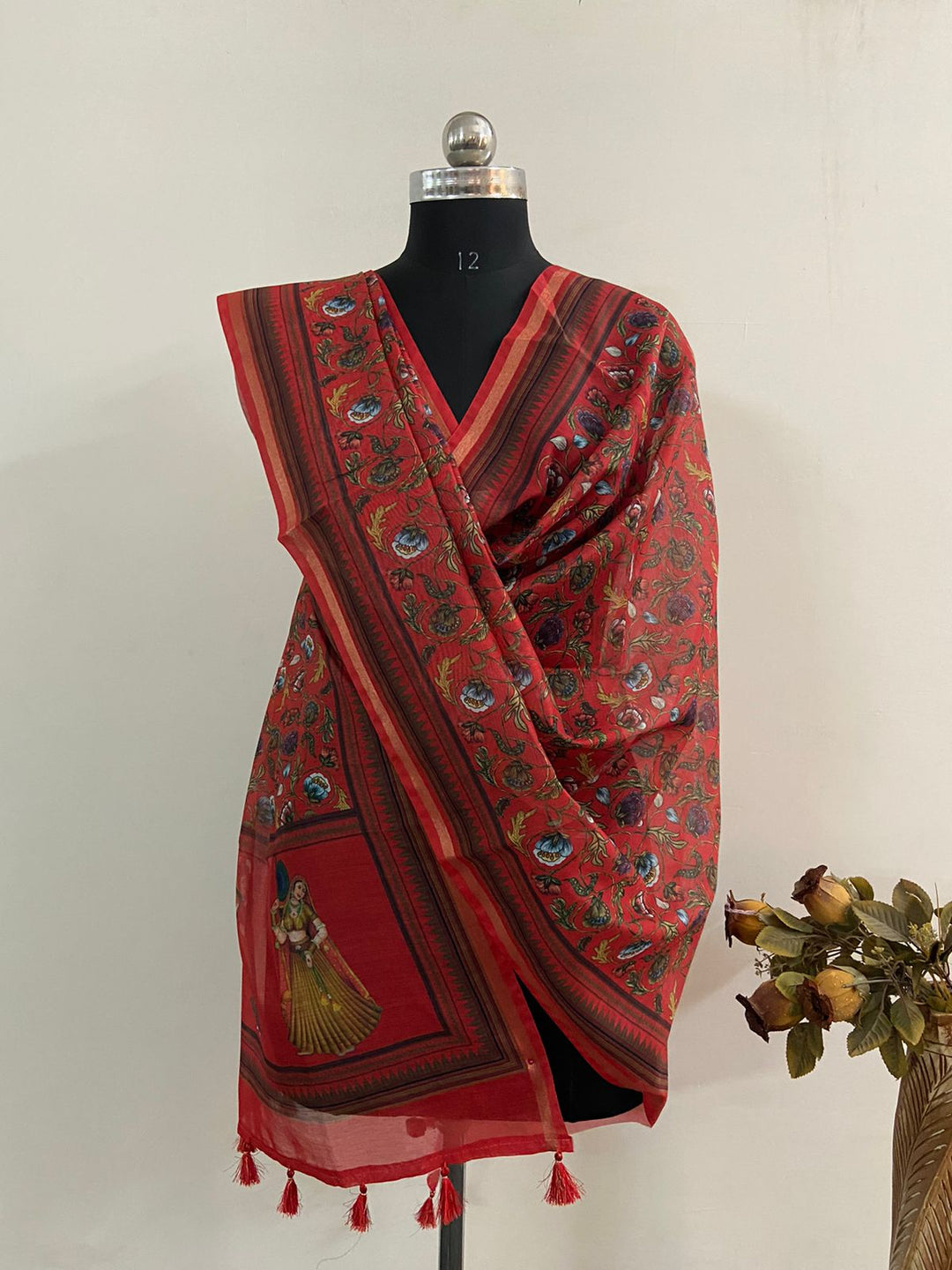 Red Color Pure Banarasi Pichwai Work Dupatta with beautiful tassels