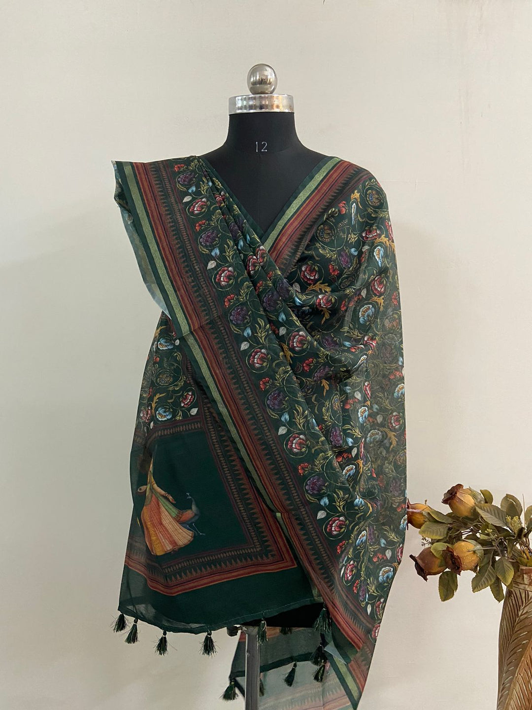 Green Color Pure Banarasi Pichwai Work Dupatta with beautiful tassels