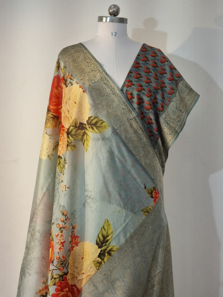 Handwoven pure katan silk floral printed saree with banarasi border and blouse