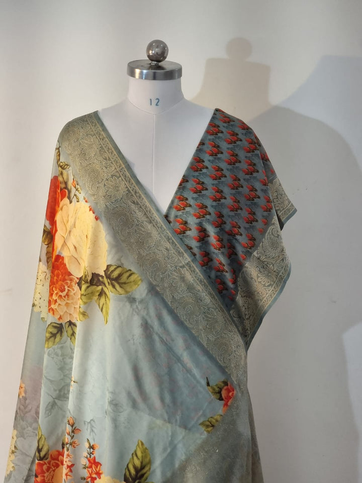 Handwoven pure katan silk floral printed saree with banarasi border and blouse