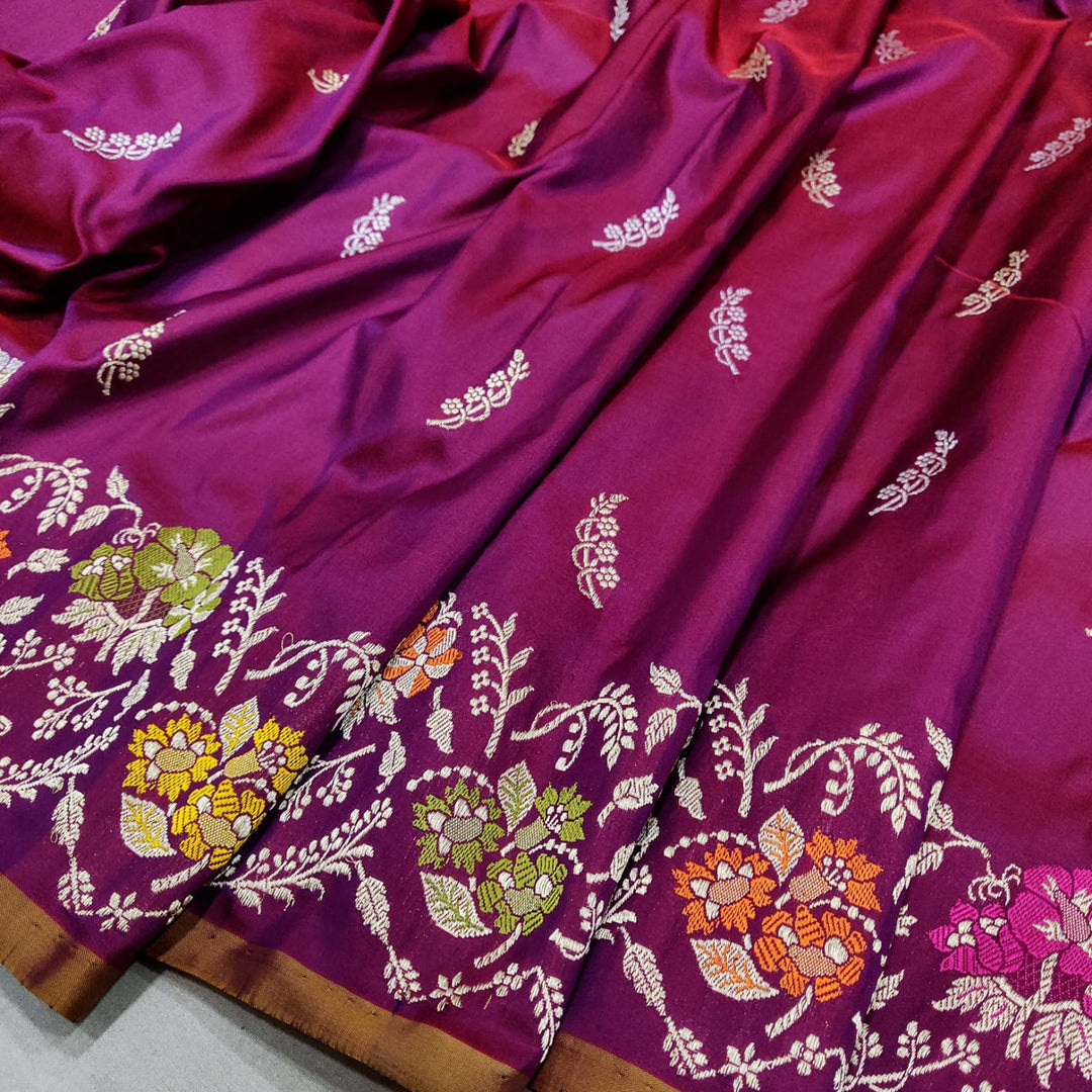 Pure katan silk Handwoven fully kadwa all over silver and gold zari  booties with designer multicolor resham meenakari border