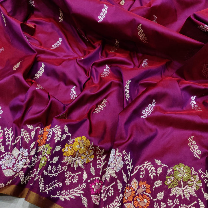 Pure katan silk Handwoven fully kadwa all over silver and gold zari  booties with designer multicolor resham meenakari border