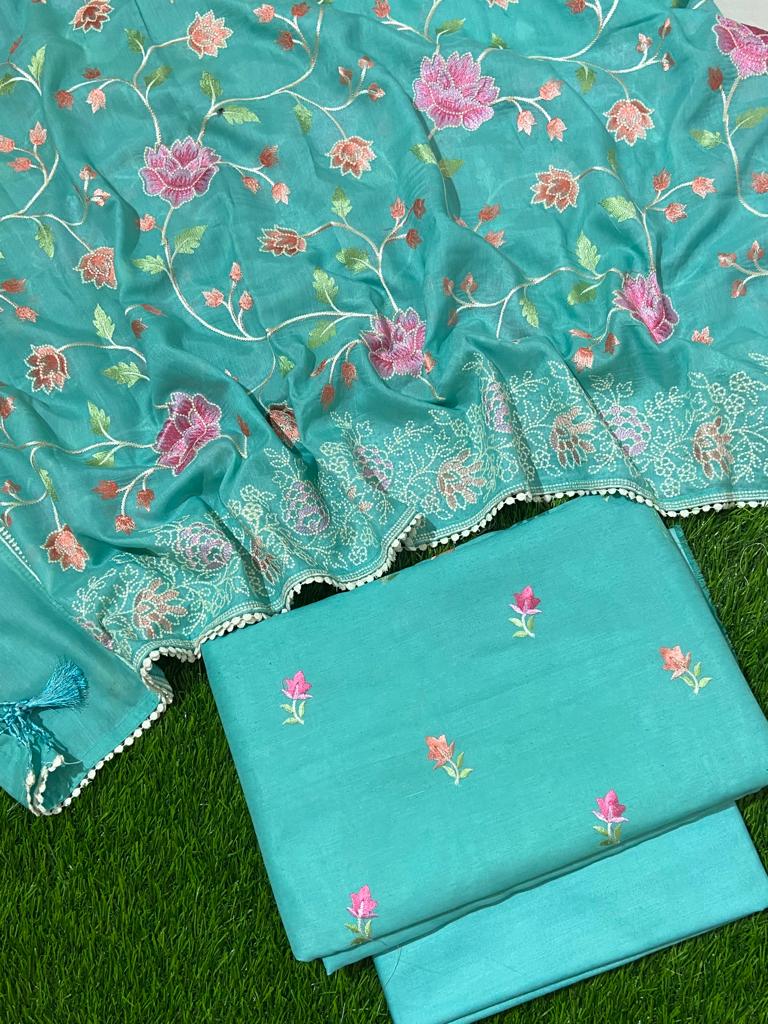 Exclusive Banarasi Linen Silk Unstitched Suit With Beautiful Full Jaal Embroidered Dupatta