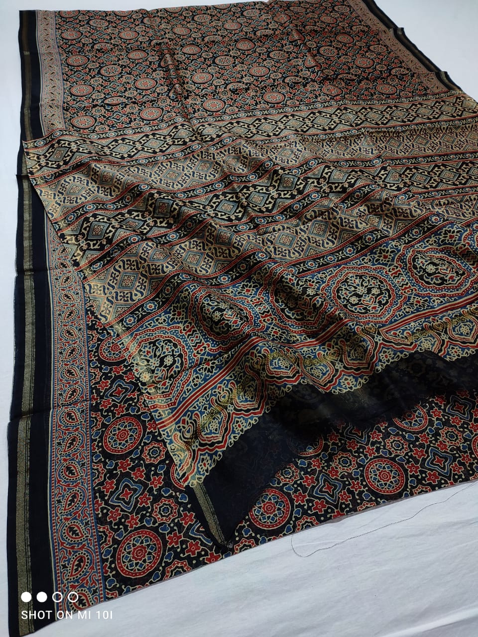 Pure Chanderi Silk Saree With Azrak Print With Blouse