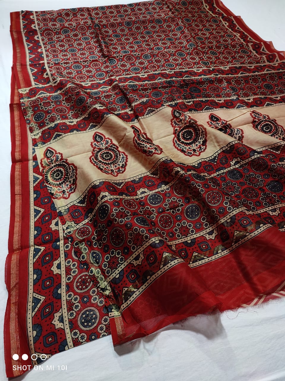 Pure Chanderi Silk Saree With Azrak Print With Blouse