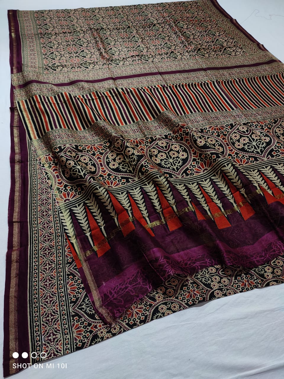 Pure Chanderi Silk Saree With Azrak Print With Blouse