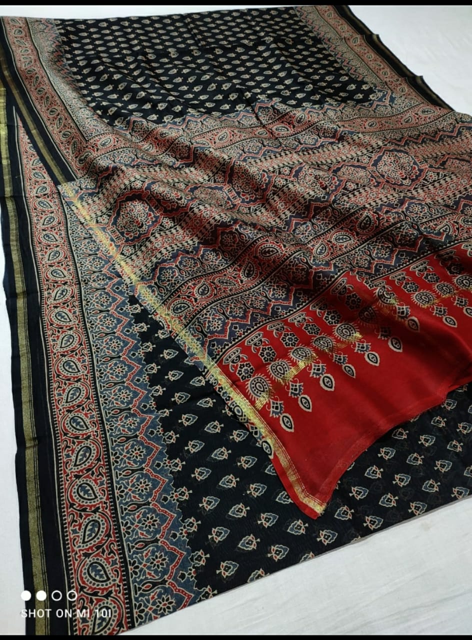 Pure Chanderi Silk Saree With Azrak Print With Blouse